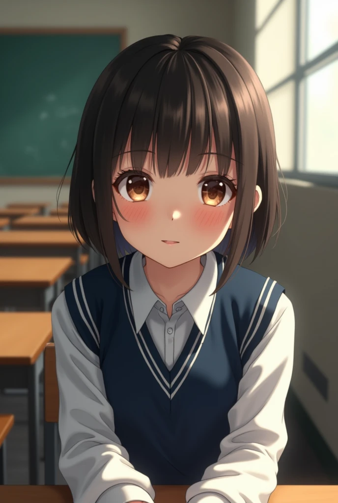 best quality, face focus, soft light, ultra high res, (photorealistic:1.4), RAW photo, 1japanese girl, solo, cute, (shy smile:0.5), (brown eyes, lights in the eyes), detailed beautiful face, (small chest),(high resolution detail of human skin texture), (short bob hair), BREAK, in classroom,navy school uniform, vest, skirt