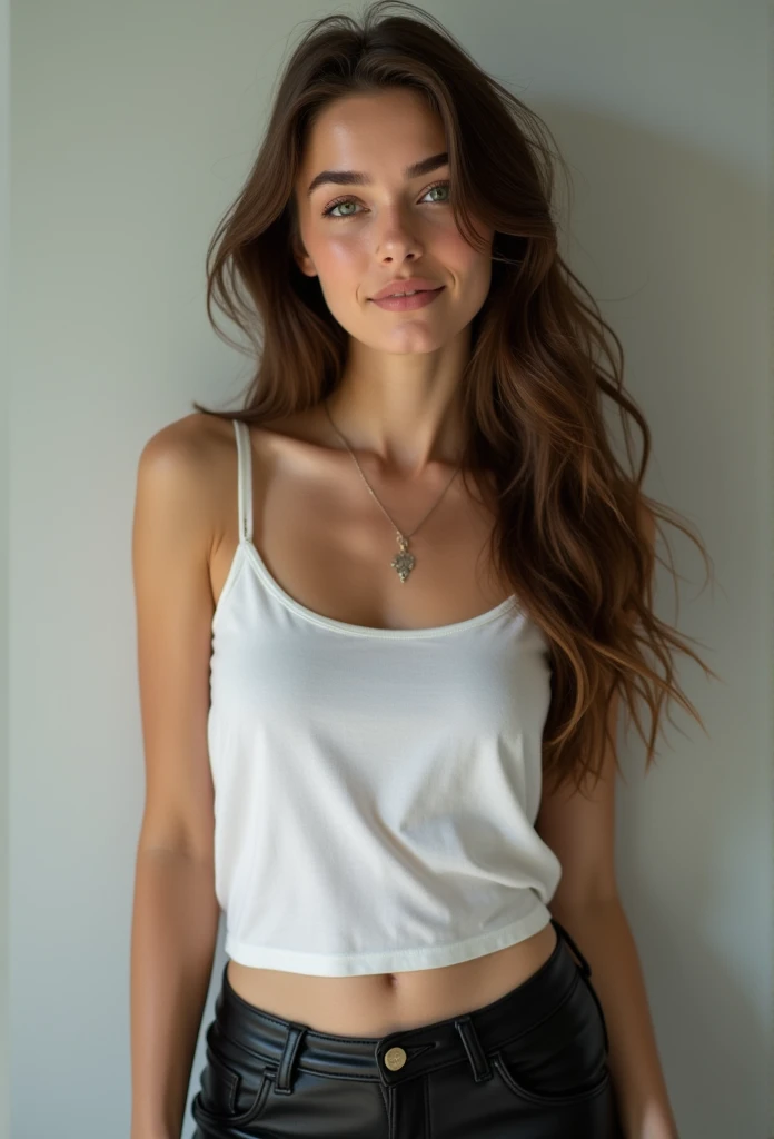 Arafed Femme portant un débardeur blanc et un collier, Fille sexy aux yeux verts, Portrait Sophie Mudd, cheveux bruns et grands yeux, selfie d&#39;une jeune femme, yeux de la chambre, Violette Myers, sans maquillage, Maquillage naturel, regardant directement la caméra, Cara avec Artgram, maquillage subtil, Impresionante foto de corps entier, yeux verts perçants, bel angle, pose attrayante, Mignon , pose sexy, Image du corps entier, corps entier, séance photo sur tout le corps, déesse brune, Détail élevé, Pose satisfaite, pantalon en cuir