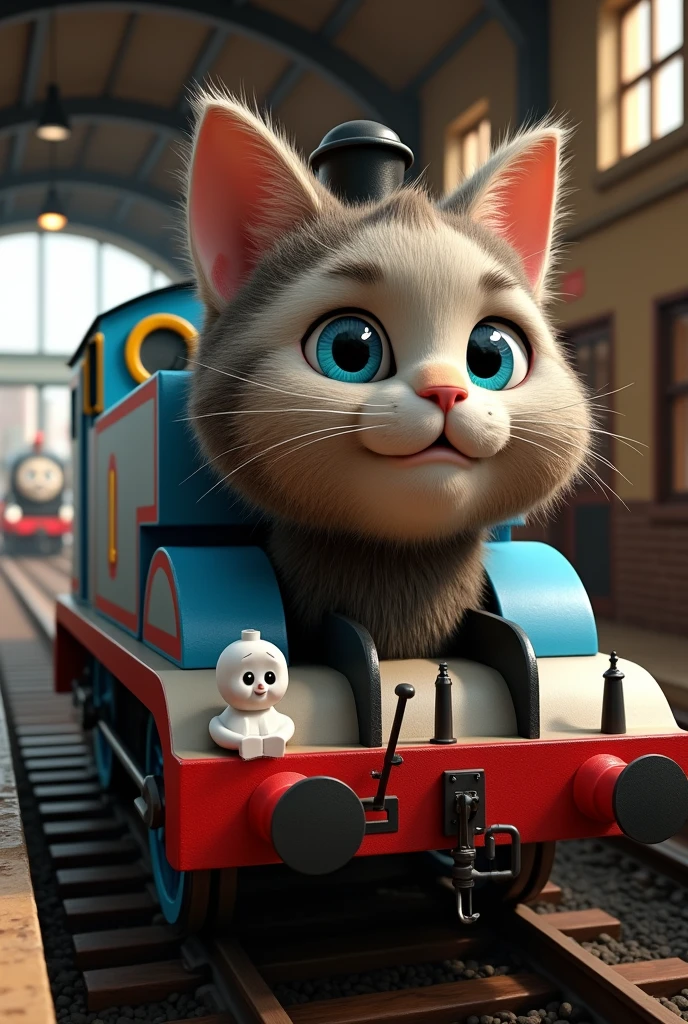 Thomas the Tank Engine cat version、Ultra-realistic、high resolution、Inside the station