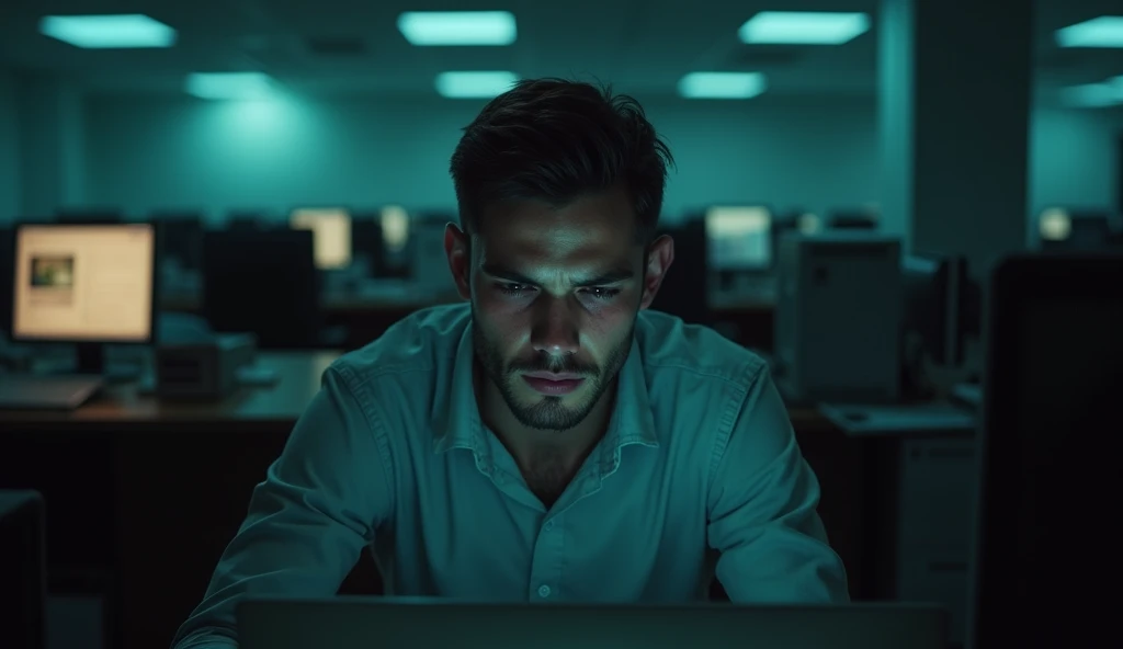A scene with a young man in the center highlighted, exhausted, I can't stand working anymore, sold off, looking at the screen, in despair, sobbing, with the computer light illuminating your face, semi realistic, cinematic. They are all working rats