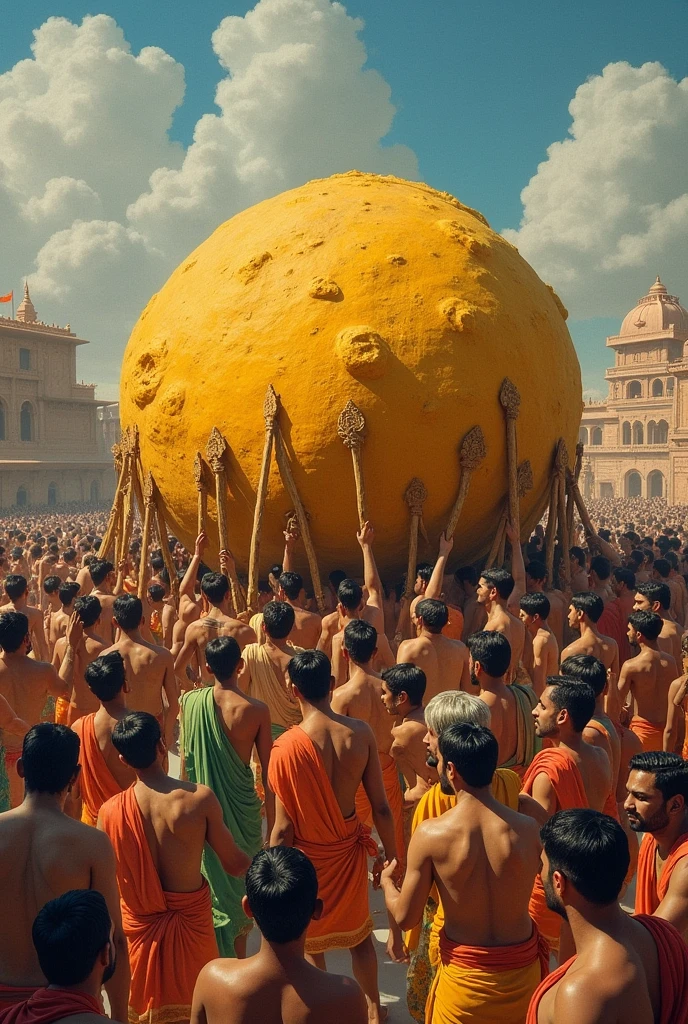 Crowd carry goverdhan parwat with the help of lathi 
