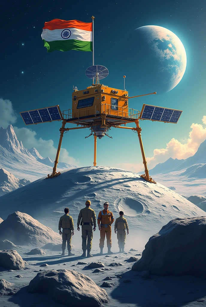 Create an image for National Space Day in India commemorates the successful landing of Chandrayaan-3 on the Moon.It is celebrated on 23 August. And include ISRO history and achivement in it