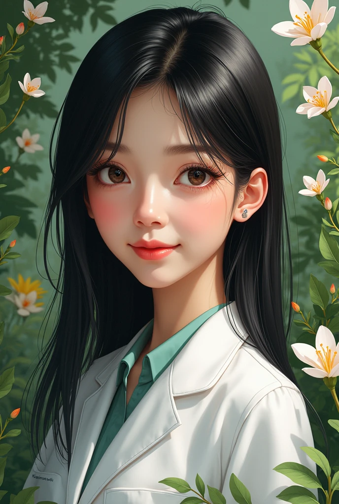 pharmacist, black hair light eyes, cheek, of the garden,