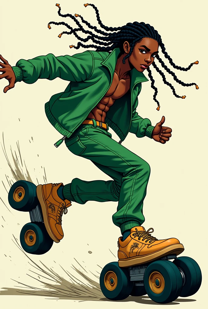 manga character, man, peau noir, long braided hair, green jacket , quad roller dance