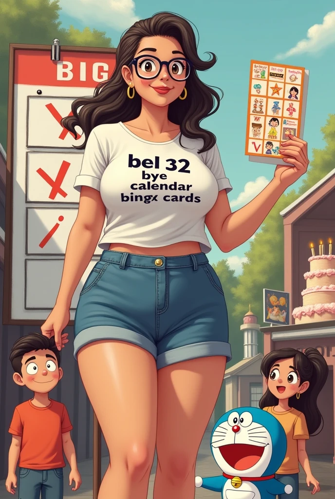 a 32 year old slightly chubby girl long wavey ponetailed hair wearing t-shirt with name "Bel at 32, Bye Calendar, Hello Bingo Cards and denim short and black eyeglasses holding a bingo card in her right hand and a big calendar with X in background, and has a 3 tier Cake in her back because it's her birthday, her son, Her 5 Lady and Doraemon