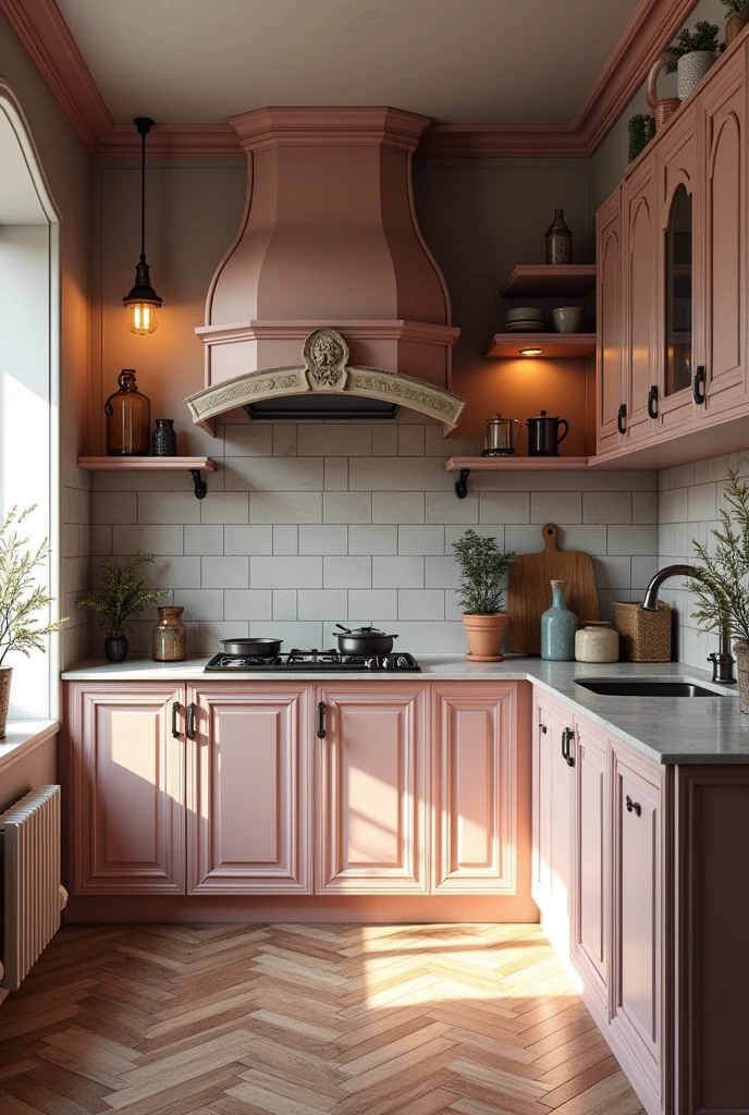 Photo realiste d’une cuisine decoration ancienne dans un appartement
Ton rose et gris