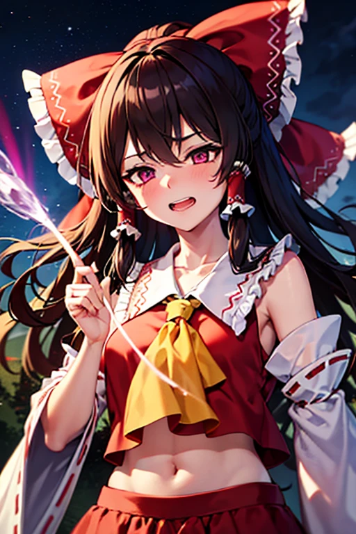 A female monster wearing red hair and red clothes, Reimu, with bewitching purple eyes, closes her eyes in pain and grits her teeth after being hit by a rainbow magic attack on a dark road at night