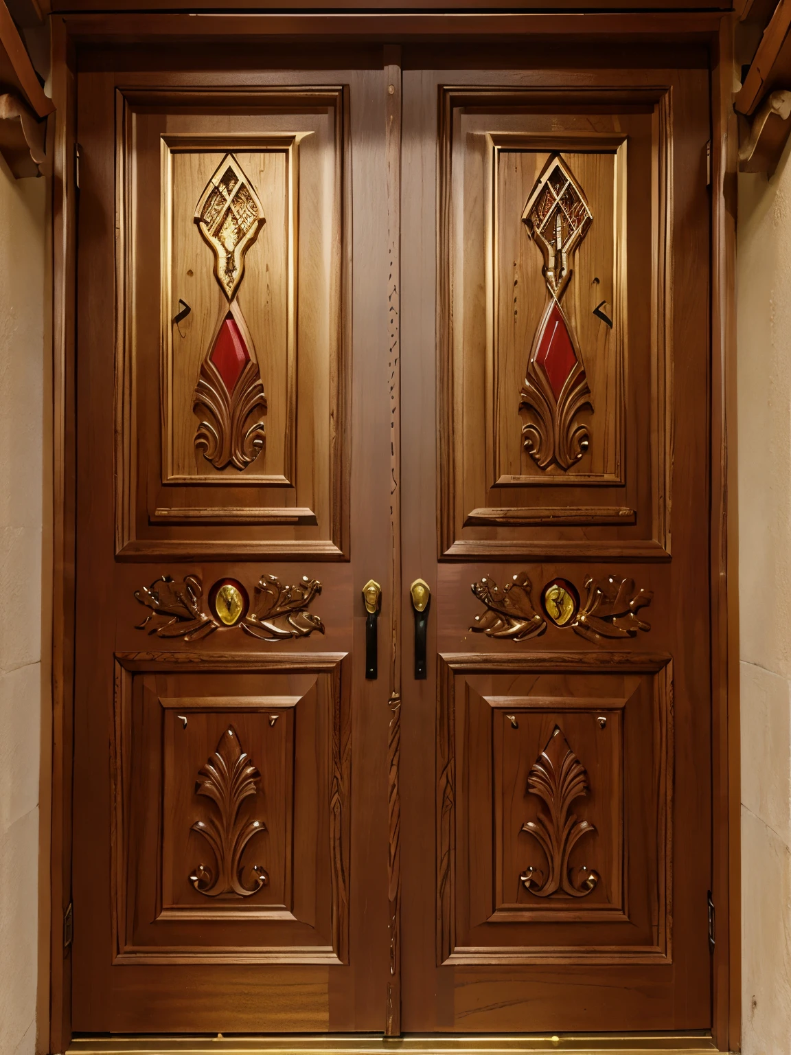 (rectangular wooden European door in ferrari red color)(front view),(with golden metal handle),(in Christmas and realistic style),(with carved arabesques),(with Kabbalistic protection symbol)