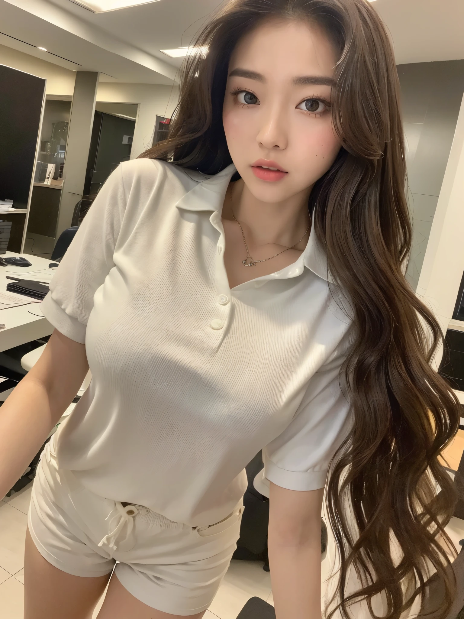 ((best qualtiy, 8k, tmasterpiece:1.3)), Focus:1.2, perfect figure beautiful woman:1.4, Cocked buttocks:1.2, ((Random Long Thick Hairstyle) ((Brown Wavy Hair In Big Curls))(Long white legs:1.3,(Polo shirt With Shorts:1.2) , (Inside Work Place: 1.2), Highly detailed facial and skin texture, A detailed eye, double eyelid,Whiten skin,(Straight big breasts:1.3), looking at camera, Wear a necklace,