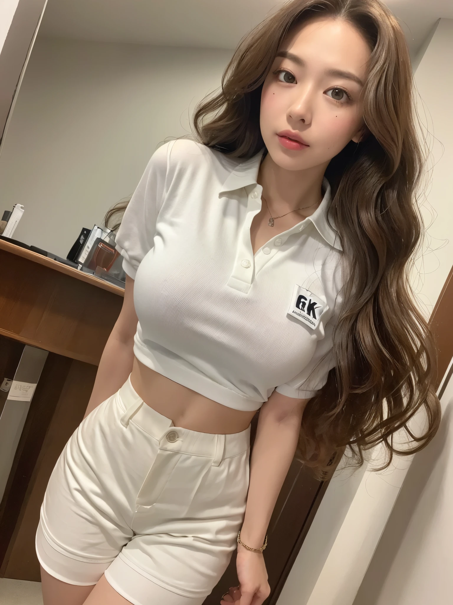 ((best qualtiy, 8k, tmasterpiece:1.3)), Focus:1.2, perfect figure beautiful woman:1.4, ed butt, ((Random Long Thick Hairstyle) ((Brown Wavy Hair In Big Curls))(Long white legs:1.3,(Polo shirt With Shorts:1.2) , (Inside Work Place: 1.2), Highly detailed facial and skin texture, A detailed eye, double eyelid,Whiten skin,(Straight big breasts:ng at camera, Wear a necklace,