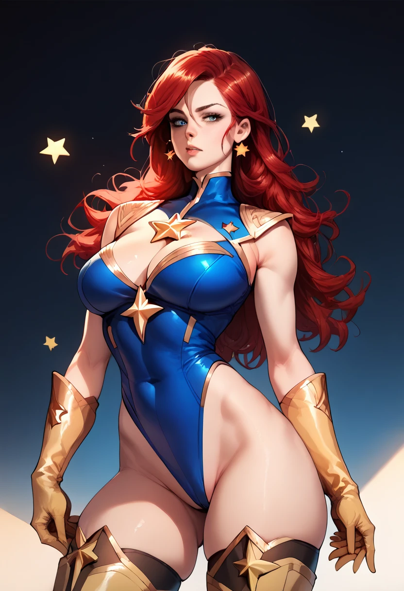 score_9, score_8_up, score_7_up, score_6_up, score_5_up, score_4_up, Sexy, Superheroine, Red hair, long hair, busty, ((blue highleg leotard with a t-back thong and a gold star insignia on chest)), gold boots, gold gloves