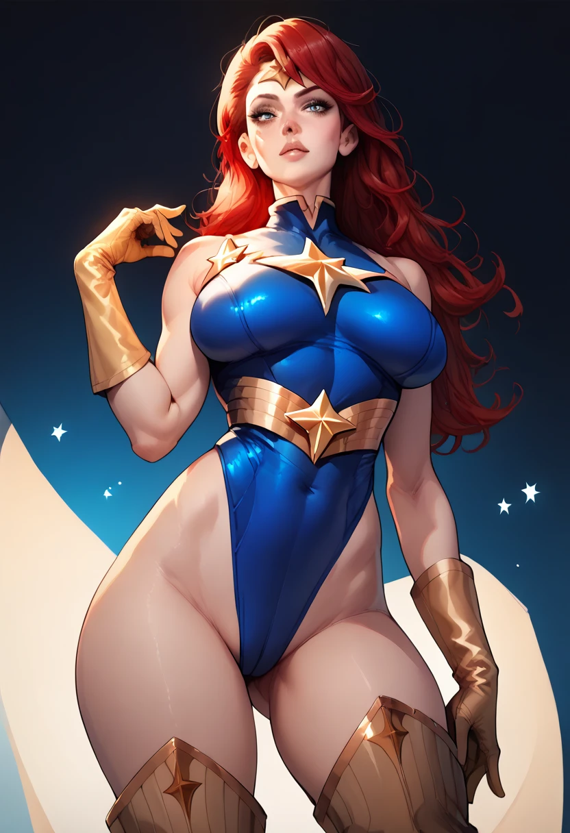 score_9, score_8_up, score_7_up, score_6_up, score_5_up, score_4_up, Sexy, Superheroine, Red hair, long hair, busty, ((blue highleg leotard with a t-back thong and a gold star insignia on chest)), gold boots, gold gloves