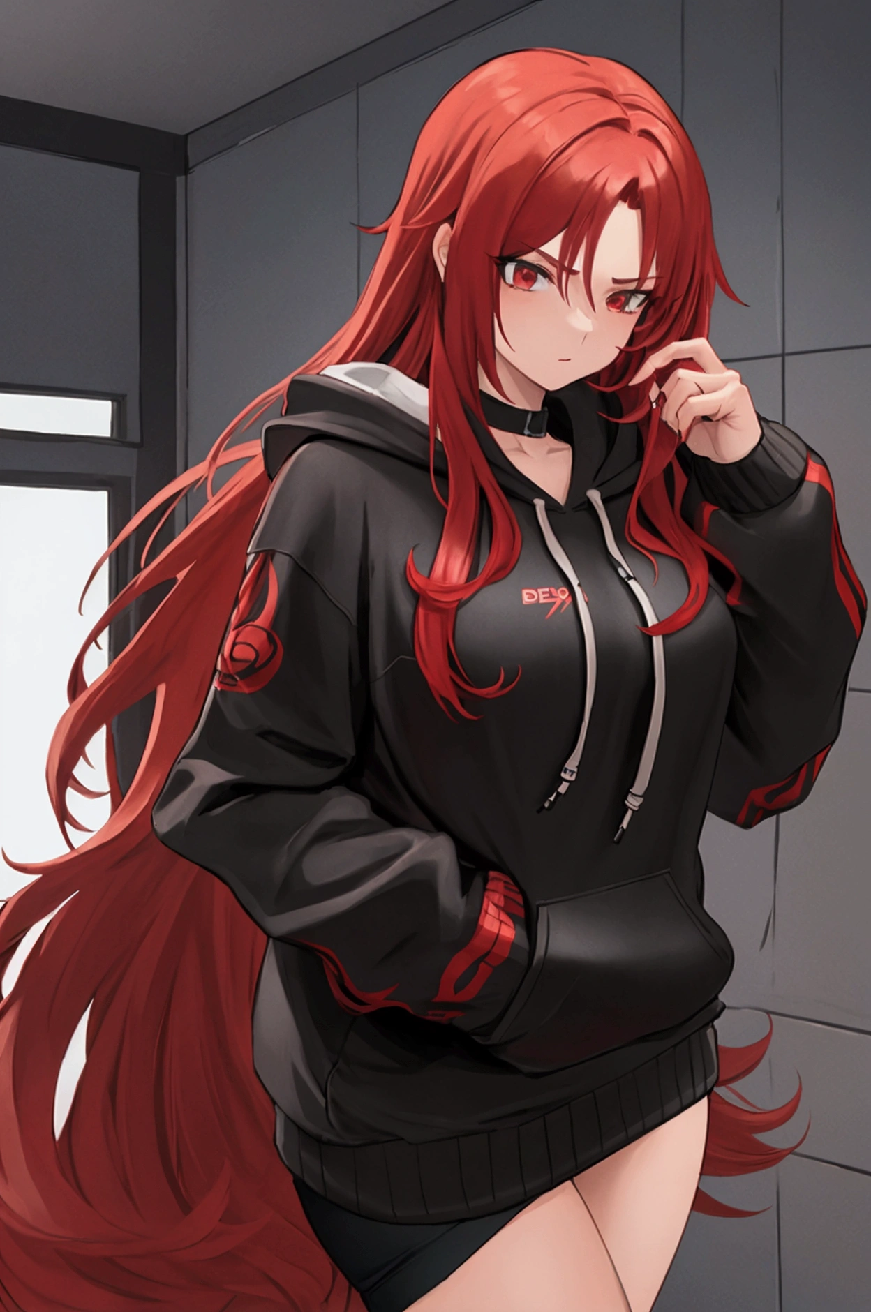 a muscular woman, redhead, with long hair, wearing a hoodie, high, and using a heater, All clothes in black colors and red details