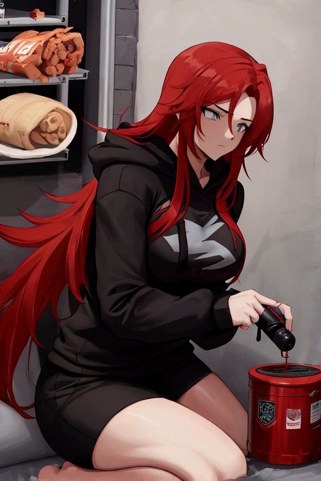 a muscular woman, redhead, with long hair, wearing a hoodie, high, and using a heater,  All clothes in black colors and red details 