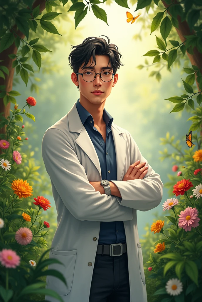 Male pharmacist, black hair light eyes, cheek, of the garden,