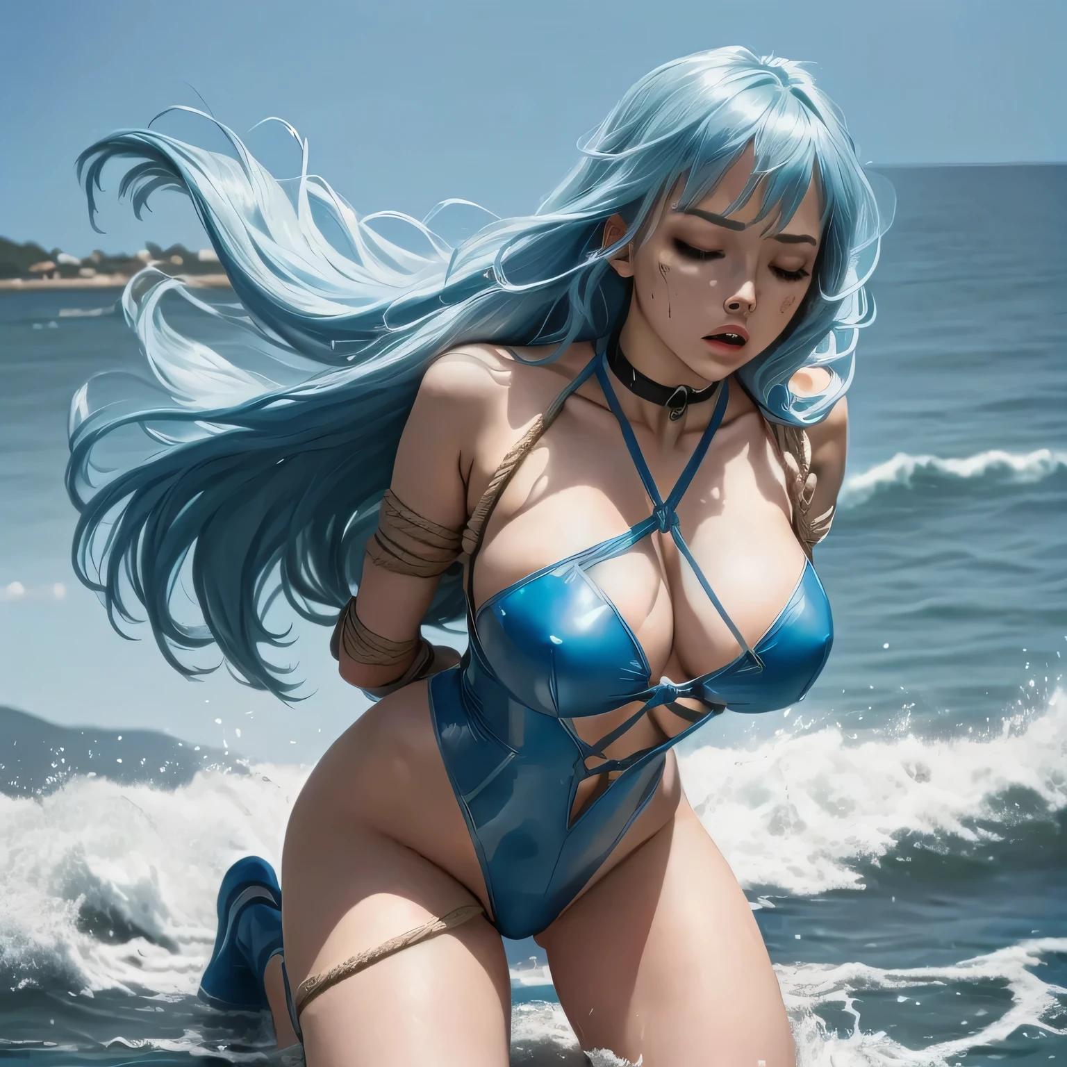 superheroine, long long gorgeous light blue hair, ((A rough rope is wrapped around the body、Tighten up)), latex, leotard, blue and white costume, captured, shibari, static restrained, ((arms behind back)), chained, rope bind, cruelly, painful, helpless, humiliating, regrettable, being whipped, screaming in pain, kneeling, eyes closed, choker, Quay on the sea、The waves hit, Bondage