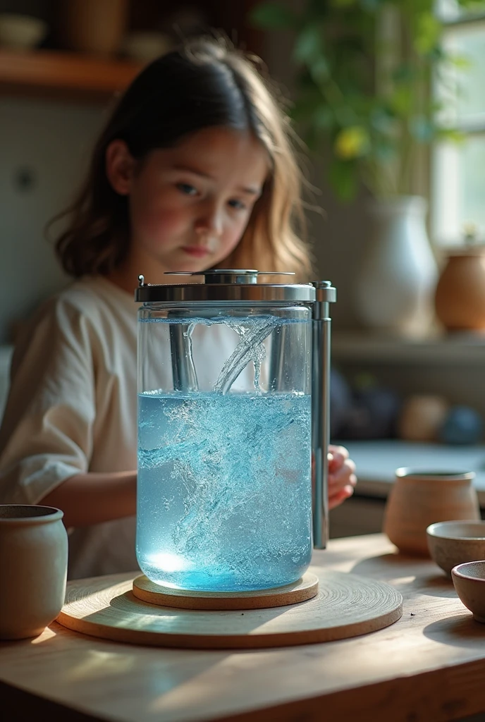 A drinking water purifier with nanotechnology that a child has made in a house with ceramics but takes the child out