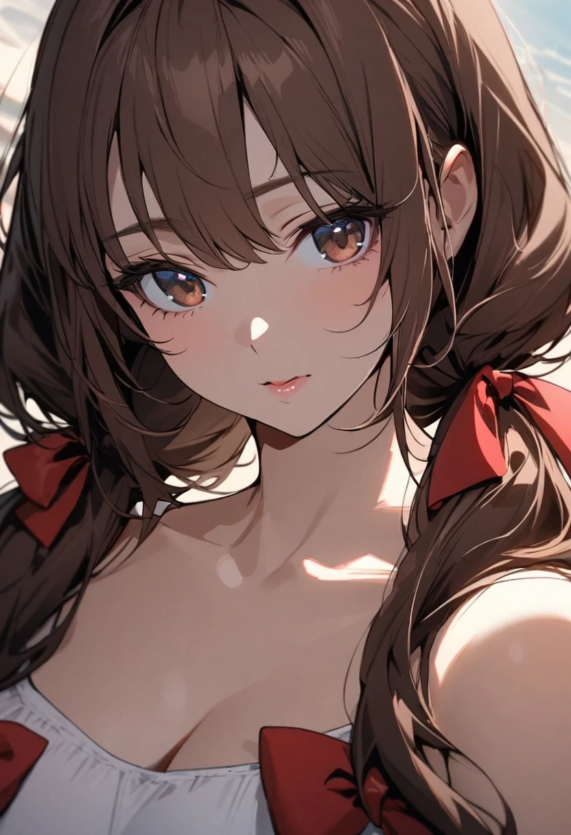 Solo, 1girl, Long Hair, brown hair, brown eyes, mature, red bow, high detail, beautiful eyes, beautiful color, adult, low twin tails, half eyes, glazing to the distance