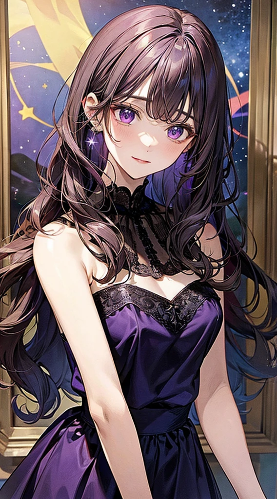 Detailed Background, masterpiece, Highest quality, 1 person , Curly Hair, Long Hair, Purple eyes, Stars in my eyes , Strapless blouse, Long skirt