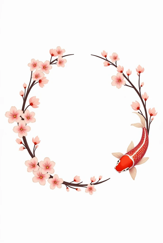 Generate a round label with a white background and surroundings, inside the label, contain cherry blossoms along with Japanese koi fish, the center must be blank. All very simple and in drawing, till  