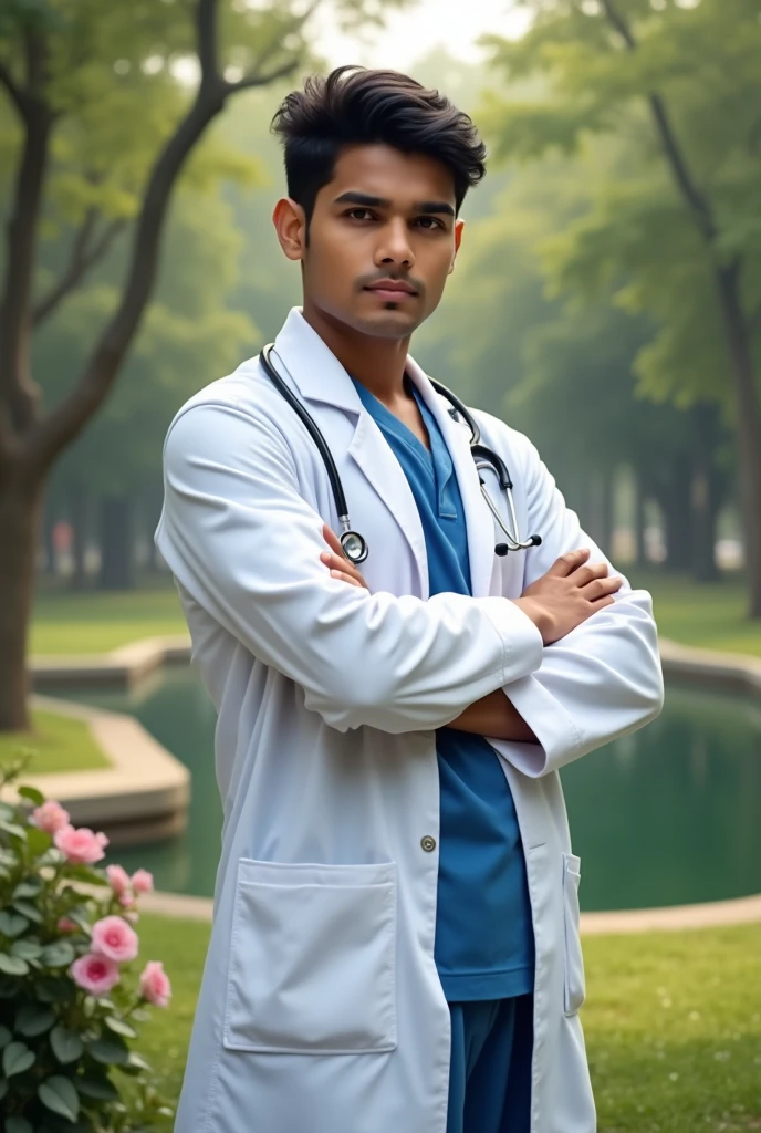 17year old Indian boy handsome wearing doctor dress posing for  park in background