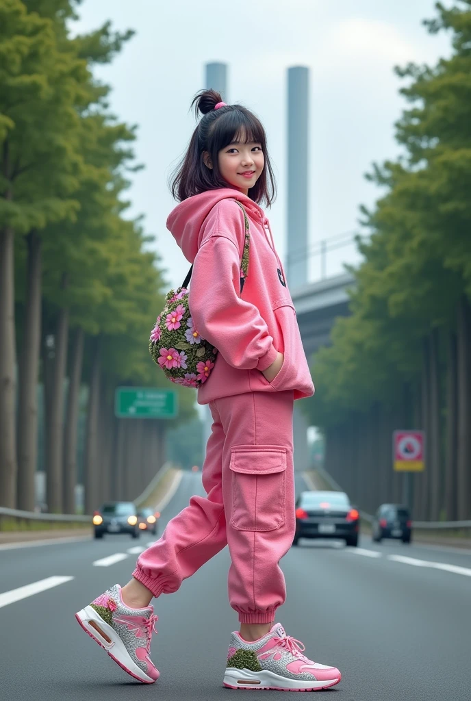 Beautiful Korean girl, smooth white skin, well-groomed face, black and pink hair, pink knit hoodie, pink cargo pants, sneakers decorated with large waterfall and tree motifs.
, smiling expression, twin towers highway background, tall trees, realistic, real photos,