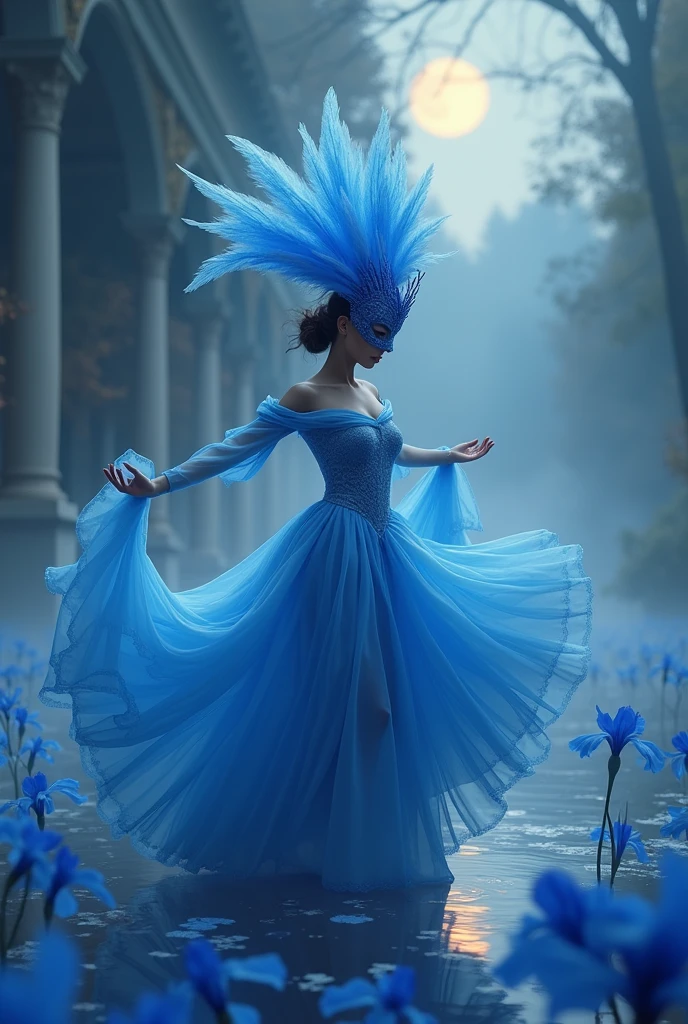 Best quality,4K,8 thousand.,a high resolution,masterpiece:1.2,Ultra detailed,realistic,photorealistic:1.37,portraits,illustrations,oil painting,rich colors,bright colors,soft lighting,detailed textures,long eyelashes,Lively eyes,detailed lips,mixed ethnicity girl,pretty haircut,wearing a masquerade a mask,flowy dress,dancing gracefully in a Venetian garden,when the moon shines on it,sparkling stars in the sky,romantic atmosphere,enchanted garden,fragrant flowers,Whispering Trees,pond with peaceful reflection,gentle breeze,Quiet atmosphere,An extravagant theme,elegant pose,narrative composition,Majestic Columns,decorative a masks,hidden identities,fairytale setting,Night scene of magic,Mysterious charm,unearthly beauty,Artistic image. a mask,Close-up of a masked man, dreamy gothic girl, fire render,  Beauty girl. ((full length, untouched graceful figure, nice legs, fast dance pose, brunette, beautiful face with expressive eyes, light white tones, fluffy skirt made of blue iris petals, Esbian Full Body, White background, daylight , light effect, minimalist, Sun, pure tenderness, soft lighting, Realism, woman, who dances on a giant petal of a dark blue iris flower (thin petals, soft veil, full background of flowing transparent blue petals, hovering flower one in hand - long stem above head, huge giant blue iris flower, over her head, Smoke effect, fog, mixed with blue iris petals), ((pass-through)), masterpiece, ReV АнимированныелBest quality)), ((masterpiece)) , (In detail), 1 girl, off shoulder sweater,