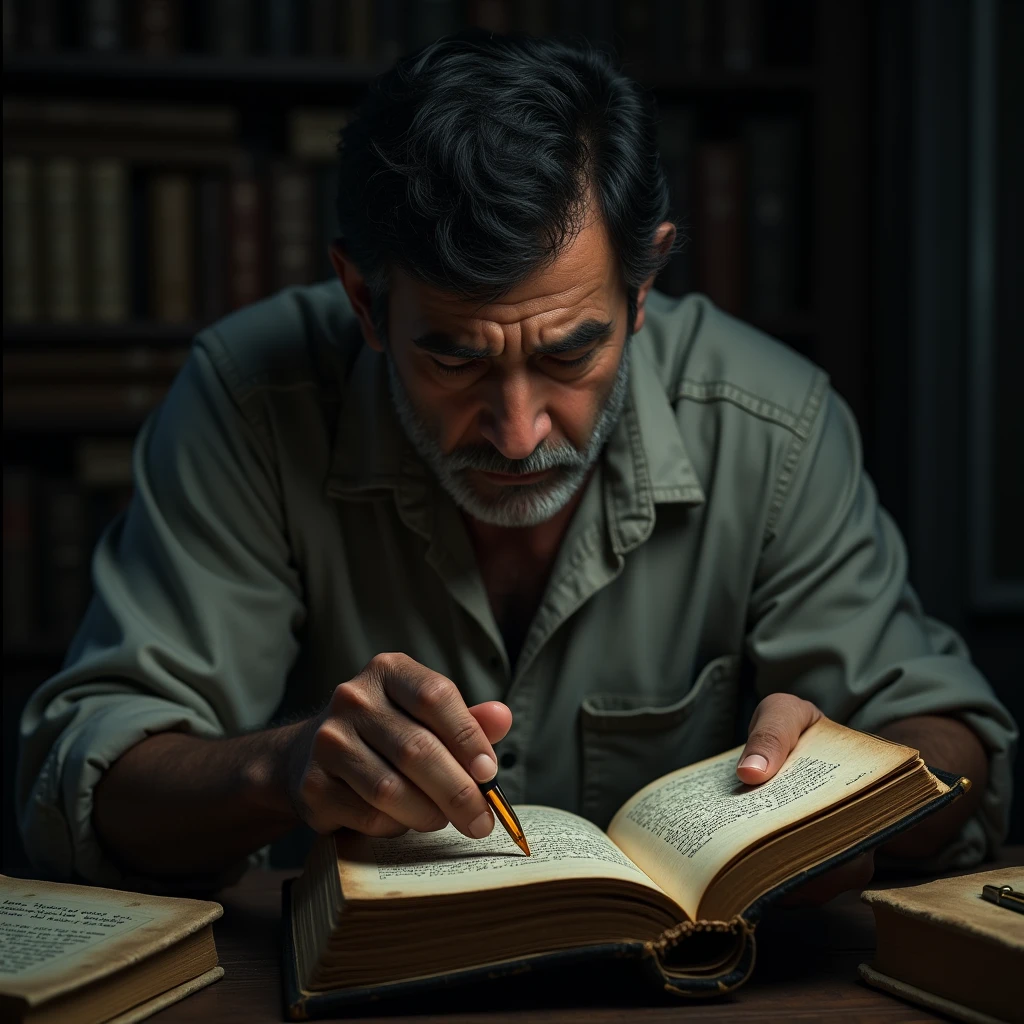 Vijay flipping through the pages of the old diary, his face filled with shock and confusion as he reads the ominous words predicting future events