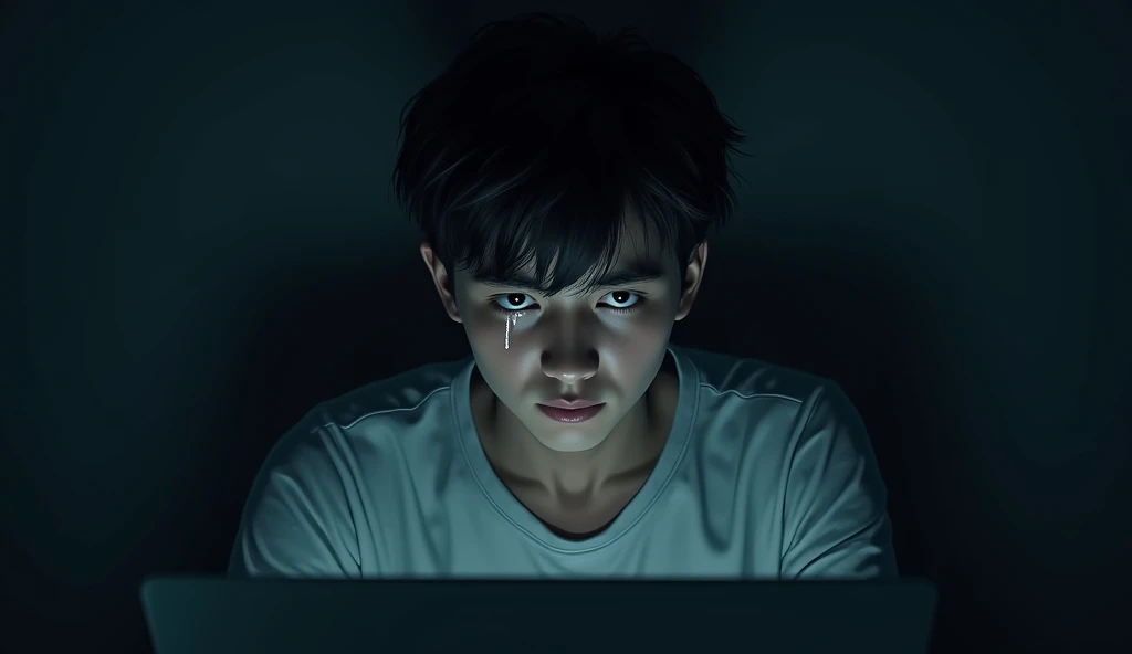 A scene with a young man in the center highlighted, exhausted, I can't stand working anymore, sold off, looking at the screen, in despair, sobbing, with the computer light illuminating your face, a dark neutral background, semi realistic, cinematic. They are all working rats