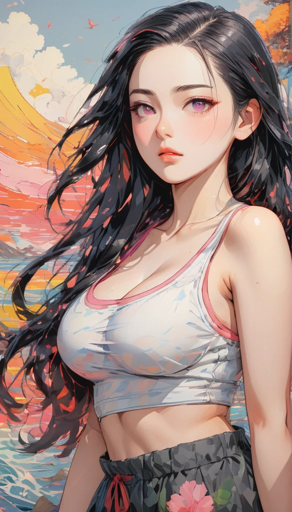 A beautiful waifu named Nezuko Komado with pink eyes, long flowing black hair, large breasts, and thick thighs, standing in a relaxed contrapposto pose with her hands behind her back, she’s facing viewer straight, having a dramatic, neutral expression on her young face, her tank top revealing pronounced cleavage and sideboob, her long hair fluttering in the wind, with a pale color gradation, blending retro elements, contemporary digital art, and surrealism, with intricate details, (best quality,4k,8k,highres,masterpiece:1.2),ultra-detailed,(realistic,photorealistic,photo-realistic:1.37),HDR,UHD,studio lighting,ultra-fine painting,sharp focus,physically-based rendering,extreme detail description,professional,vivid colors,bokeh,portrait,dramatic,vintage