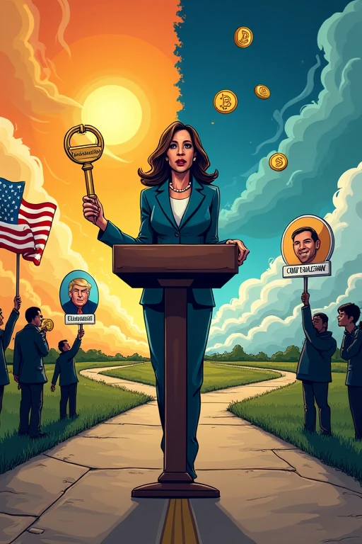 Political cartoon style illustration of Vice President Kamala Harris standing at a podium with the US flag behind her. She's holding a large golden key labeled 'Crypto Regulation' in one hand. In front of the podium, there's a split road: one path leads to a sunny landscape with cryptocurrency symbols (Bitcoin, Ethereum) floating above, the other to a stormy area with regulatory symbols like gavel and chains. Harris looks thoughtful, considering which path to choose. In the background, silhouettes of supporters hold signs reading 'Crypto4Harris' and 'Clear Rules Now'. On the sides, smaller vignettes show Donald Trump with a pro-crypto stance and Gary Gensler with a skeptical expression. Use bold colors and clear, defined lines to make it easily readable in a social media post.