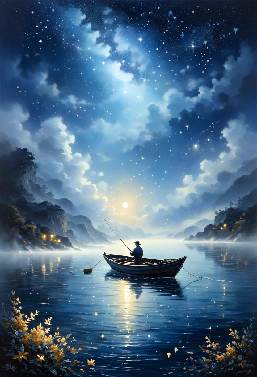 ( perfect anatomy ) There is a man fishing in a small boat on the sea. The fog is very thick. Dreamy fog painting. Fishing at night. Dark blue sea water. Starry sky. Moonlight leaves little starlight on the sea.(Bright stars) 深藍漸層色調
高動態範圍 intricate details 電影般的画面 藝術 繪畫般的 质地极其细腻, (unique style)Very detailed, fresh and elegant aesthetic style, airbrush digital oil painting, movie lighting, very beautiful, perfect composition, intricate details, Super detailed and exquisite high quality work from a master artist