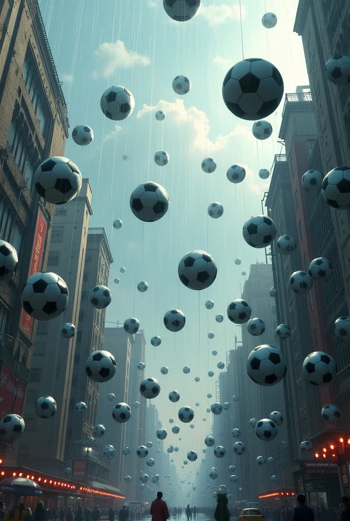 Pluie de ballon de foot tombant partout comme de la pluie sur une ville