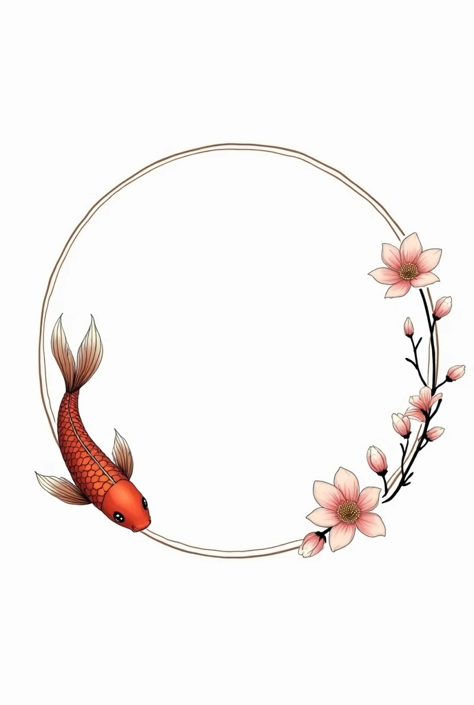 Generate a round label with a white background and surroundings, inside the label, contain cherry blossoms along with Japanese koi fish, the center must be blank. All very simple and in drawing, very masculine