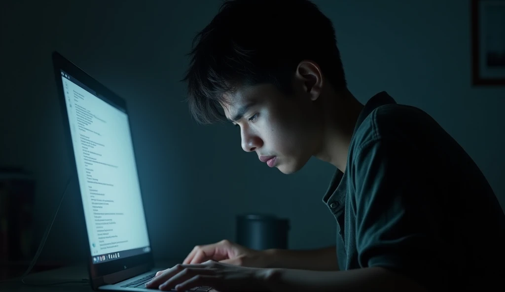 A scene with a young man in the center highlighted, exhausted, I can't stand working anymore, sold off, looking at the screen, in despair, sobbing, with the computer light illuminating your face, a dark neutral background, semi realistic, cinematic. They are all working rats