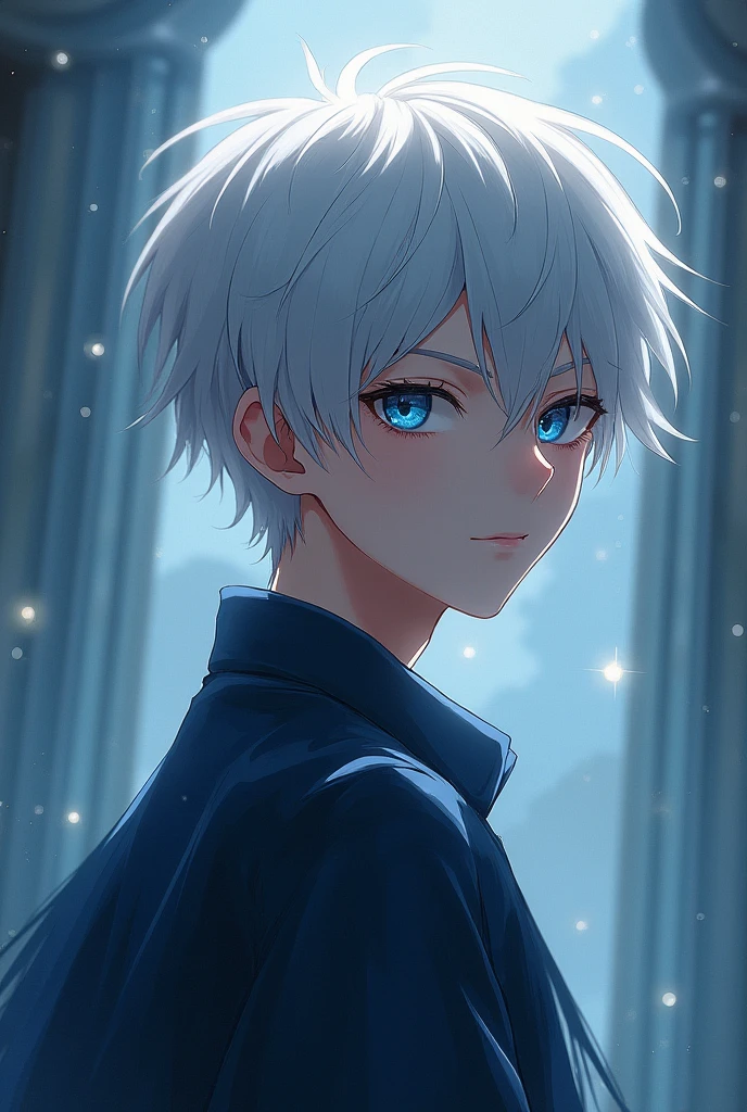 Beautiful boy, white hair, blue eyes, gray eyes, short hair, looking back, pouring light, piercing, teenager, mischievous, slanted eyes