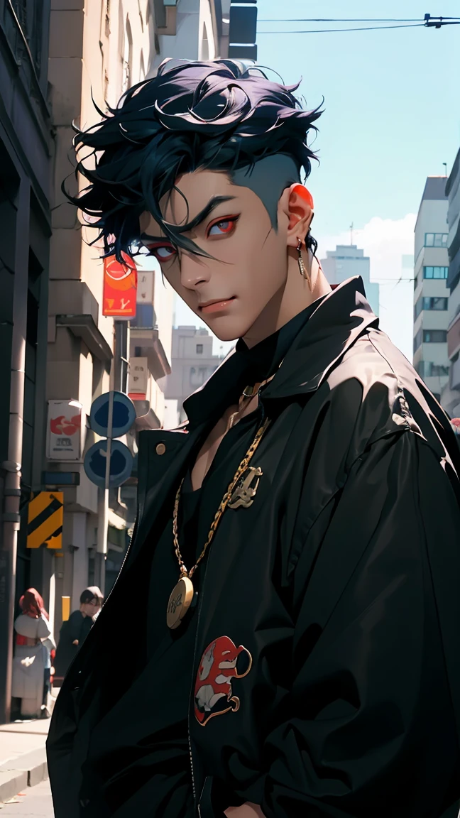 highest quality, 8K, high resolution image, anime style Jujutsu Kaisen, dark skin, (Cú Chulainn (Alter) | Fate | FGO ) detailed strokes, crazy look, piercing gaze, out of focus, purple light is reflected from it, (close angle), 1 man, young, male, model, hand in pocket, cool guy, multicolored background with various geometric shapes, all around stickers, muscular, BLUE HAIR, Blue hair, red eyes, multicolored hair, blue hair, hair between the eyes, highlighted hair, puffy chest, he is wearing a darkblue suit, withe Shirt and gold link chain, Hand in the Pocket, background: he ist standing, big city, streets, park, people, blue sky, cars, bicycle