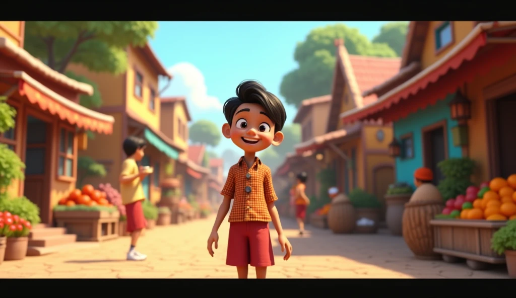 Generate 3d, Cinematic, vibrant Cartoon image.The villagers like Suraj  a lot because he helps everyone.