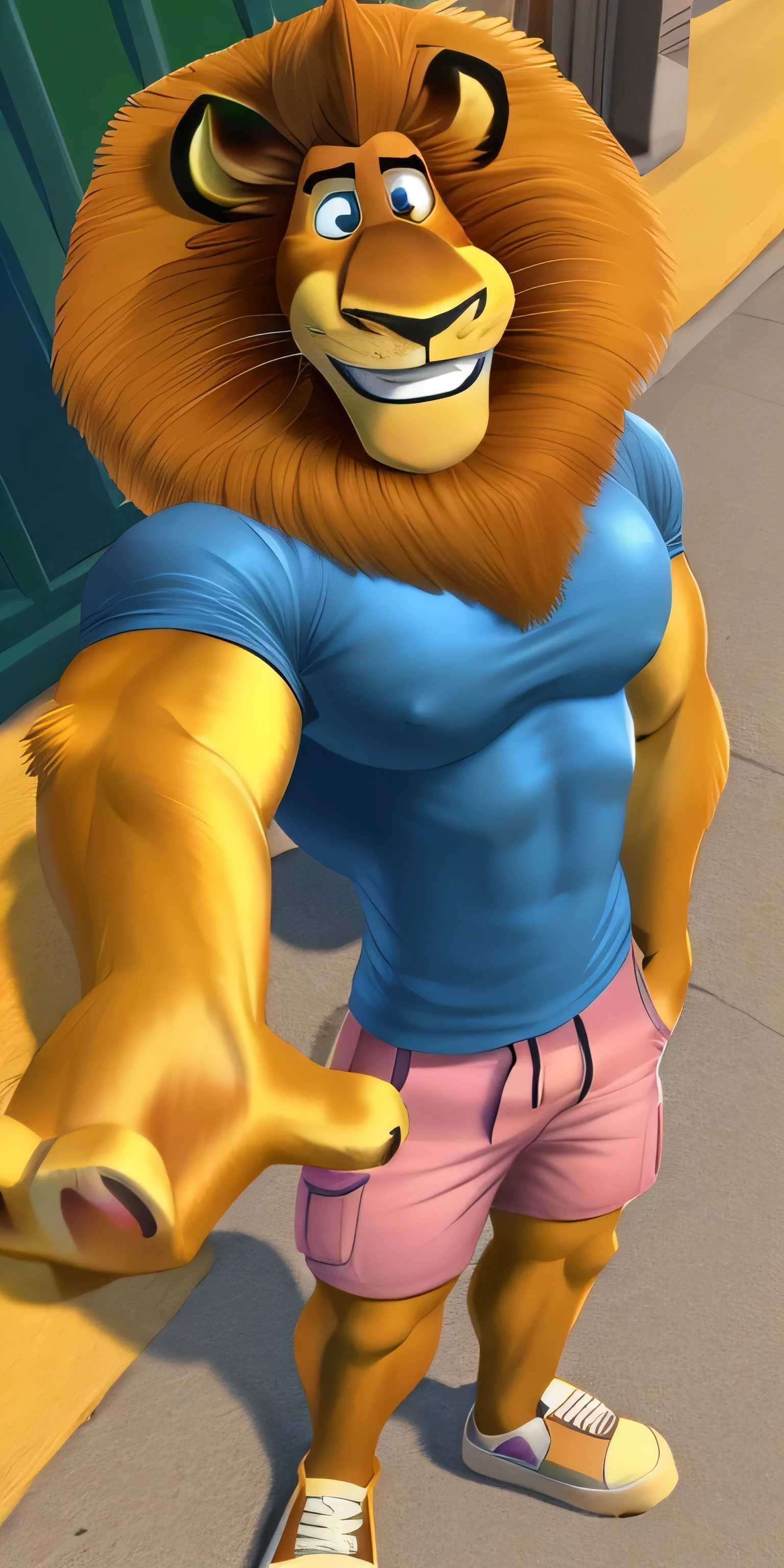 Alex the Lion, muscular body, big biceps, extremely beautiful and cute face, wears blue t-shirt, pink cargo shorts, white sneakers, streets background, selfie, friendly look, smiling
