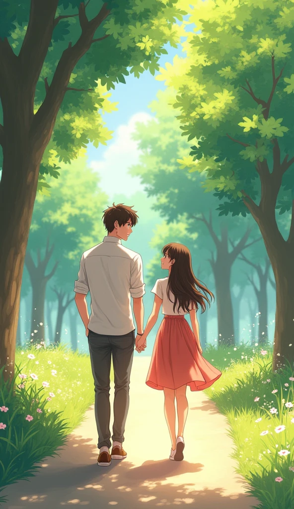 Create an image of a couple walking hand-in-hand through a serene, picturesque park. They are smiling and enjoying each other's company. The scene should be bright and peaceful, with lush greenery and gentle sunlight, capturing a sense of warmth and connection.
Also should be anime type