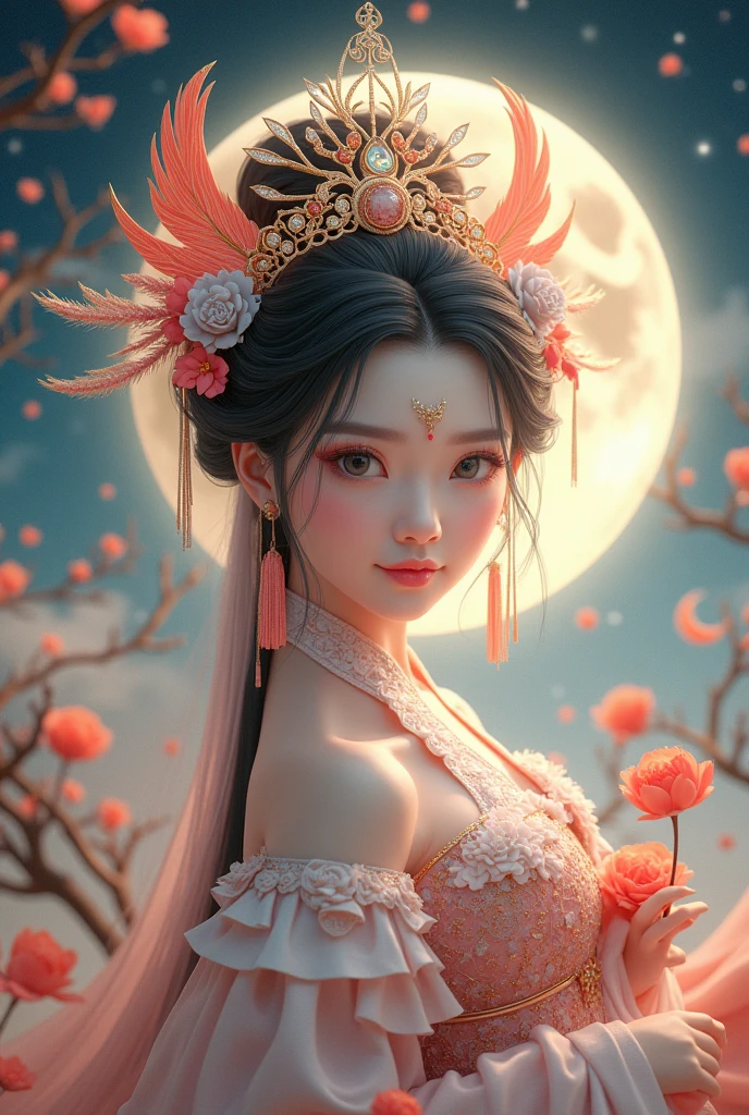 [Vision:1.0]，[Wide Angle:1.0]，Three-dimensional ancient style，Vibrant Chinese Aesthetics，Elegant ancient Chinese fairy，Chang&#39;e，Dressed in gorgeous phoenix crown and bridal robe, Hanfu，Mooncake in hand，Moon Rabbit，Starry Sky，osmanthus tree，Half mooncakes with flowing filling，(whole body:1.4)，Vibrant colors，Sparkling clothing，Embraces Flashing Stone Texture，semi-transparent crystal material shoes，iridescent gradient fluorescent ribbons，Exquisite，Light Wave，Tradition，Exquisite，Perfect composition，Ultra HD，Crescent earrings，Raise your eyebrows，Jade Phoenix Branch，Forehead Gem，(Look directly at the audience:15)，Surrealism，uhd，masterpiece，precise，Anatomically correct，Textured Skin，Super Detail，8k
