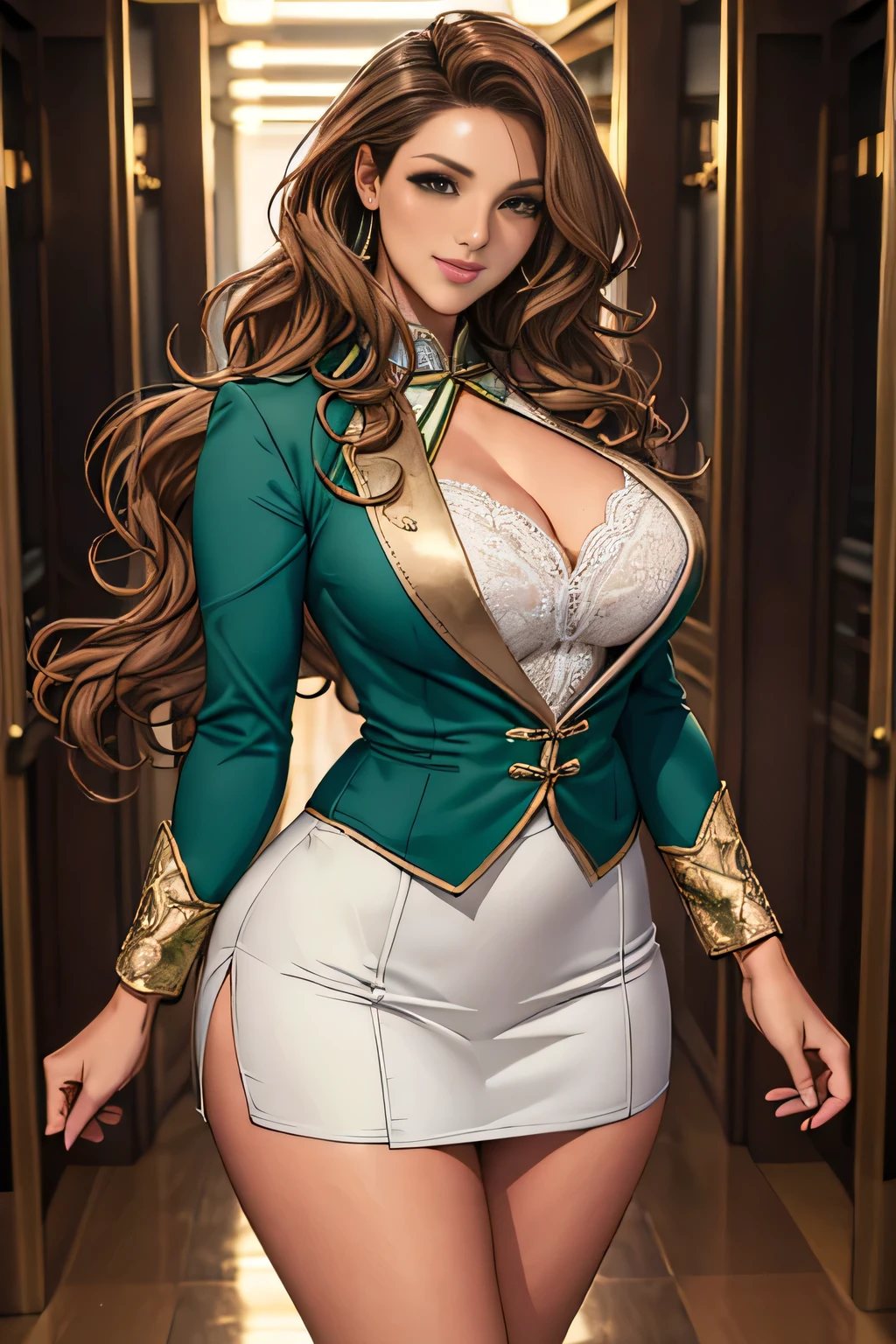 woman((30 years old)), hair((wavy, golden brown)), eye((smart eye, green)), Clothes((new york fashion week, White)),  smile, Proudly, random hairstyles, accessories,Costume with large open chest,super mini skirt,lace costume,revealing costumes