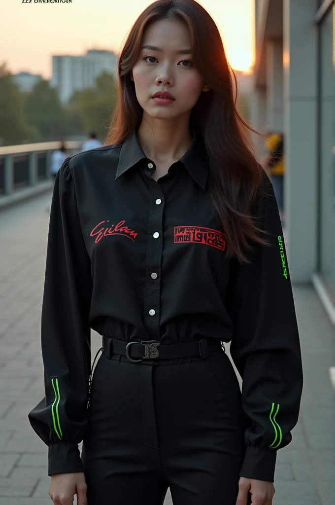 a black blouse with the name gilvan motos with red and neon green details