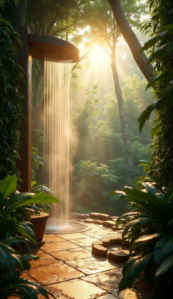 A luxurious outdoor shower in the rainforest at dawn, Dense trees々The sunlight that shines through between、Steam rising from warm water running down smooth stone tiles。.