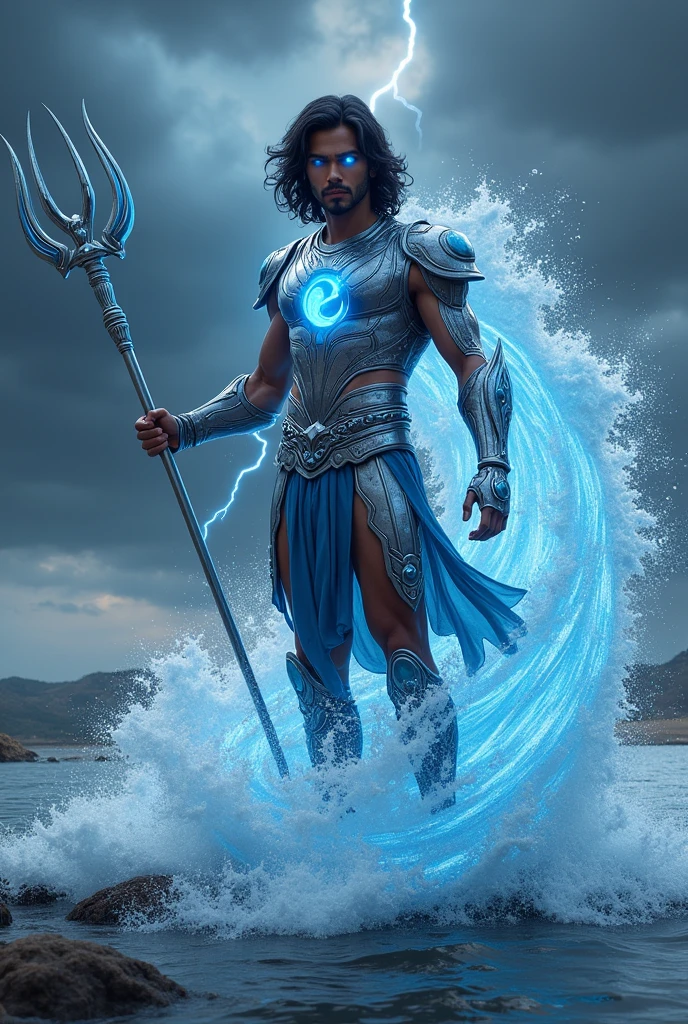 Certainly! Here’s a detailed prompt for an Indian superhero with the power of water:

---

Create an image of an Indian superhero powerful figure with the elemental control of water.  superhero is a young Indian man in his late 20s with an athletic build. His skin has a rich brown tone, and he has shoulder-length, wavy black hair that flows freely. His eyes glow with a serene blue light, representing the deep and calming power of water.

He wears traditional yet modernized Indian armor, blending cultural elements with futuristic design. The armor is made of sleek, silver and blue materials, resembling the reflective surface of water, and is adorned with intricate patterns inspired by Indian art and mythology. His chest piece features a glowing blue symbol of a wave, and his gauntlets are equipped with flowing, water-like energy.

Around him, water swirls and moves, forming shapes of mythical creatures like serpents and dragons, highlighting his mastery over the element. The water reflects shades of blue and silver, catching the light as it moves dynamically. The background is set against a stormy sky, with dark clouds and flashes of lightning in the distance, but the area around the superhero remains calm, as if his presence alone controls the chaos of the storm.

The superhero stands on the edge of a river, with the ancient and sacred Ganges flowing behind him, symbolizing the purity and strength of water in Indian culture. His expression is calm yet determined, embodying the balance between the destructive and life-giving aspects of water. He is poised, ready to unleash his power, with one hand extended forward, causing a massive wave to rise from the river, while the other hand holds a trident that channels the force of the ocean.

This superhero embodies the essence of Indian mythology and modern heroism, blending cultural heritage with elemental power in a visually striking and dynamic way.

---

This prompt should give you a vivid and accurate representa