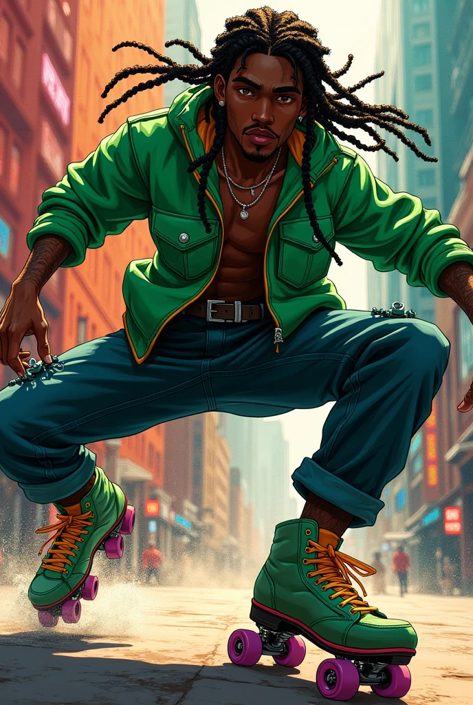 manga character, man, peau noir, long braided hair, green jacket, roller dancer