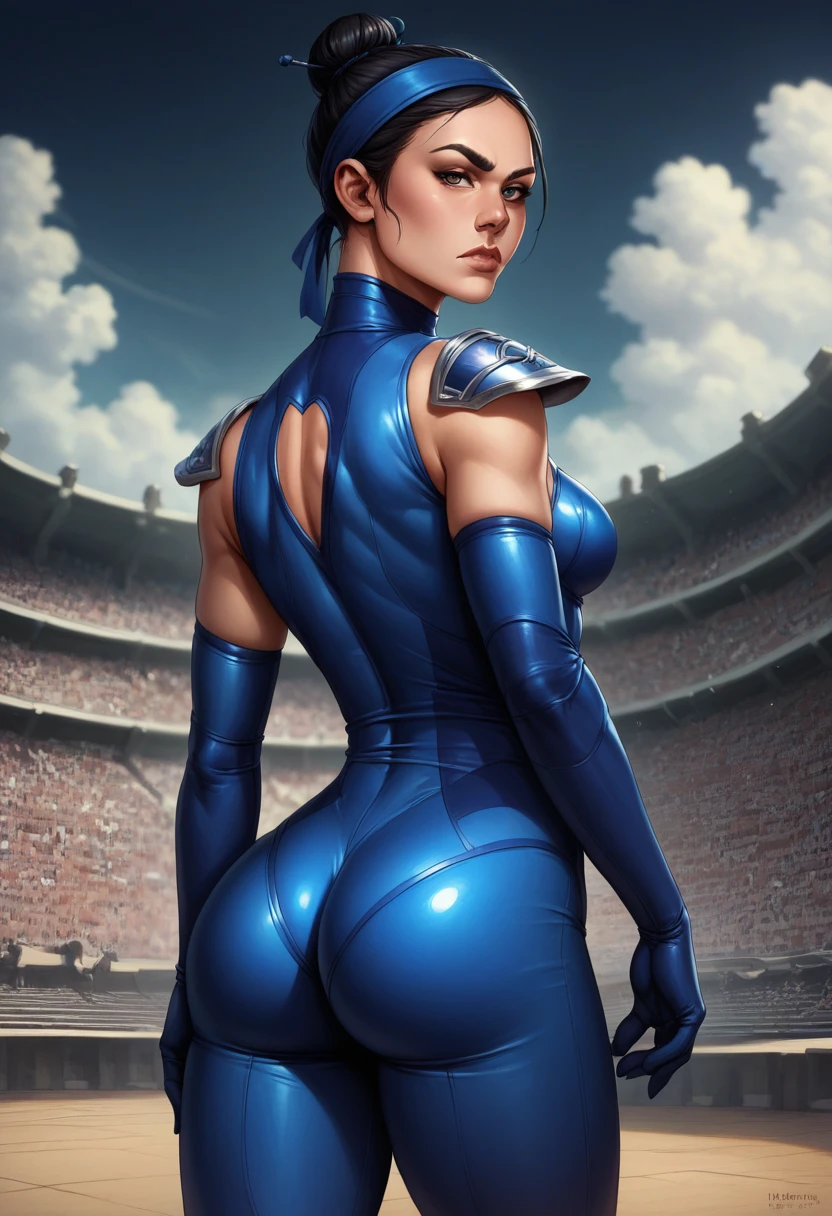 score_9, score_8_up, score_7_up, BREAK, score_9, Kitmk11, serious, lips, black hair, hair bun, medium breasts, blue headband, Bodysuit, Shoulder pads, Armor, elbow gloves, looking at viewer, cowboy shot, ass, from behind, ground, coliseum