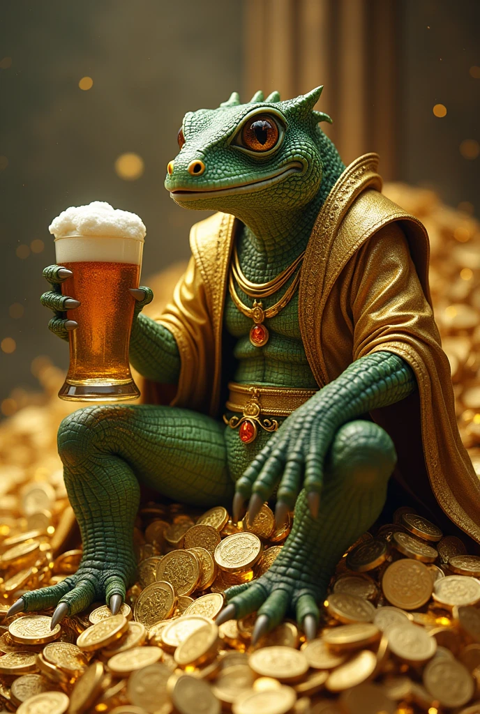 The Lizard Prince holds a glass of beer on a pile of gold.