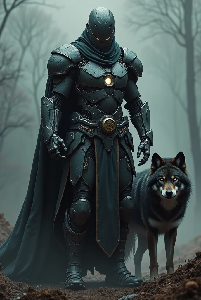 (photorealism:1.2), A half-robotic warrior with armor on his head, a dark wolf, dark tones, realistic
