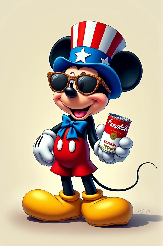 Mickey Mouse drawn in 2D, wearing a blue and red American patriot hat, holding a can of Campbell&#39;s soup and wearing Louis Vuitton sunglasses with the brand&#39;s logo.